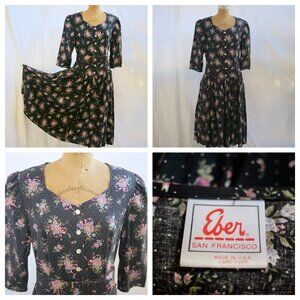 vtg 80s EBER San Francisco Floral Drop Waist Full Skirt Dress Cottagecore 13/14